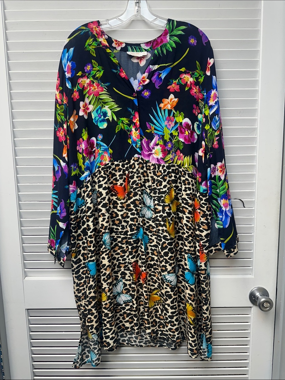 Johnny Was Mixed Floral and Leopard-Print Long Sleeve Dress